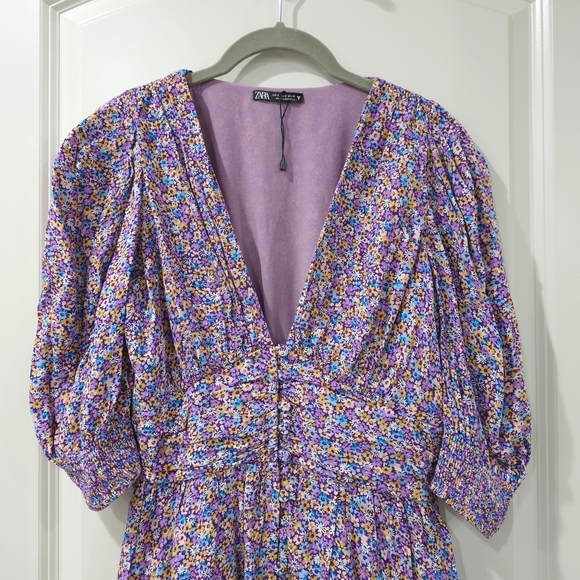 Zara Purple Blue Yellow Floral Puff Smocked Sleeve Sundress Mini, Deep Vneck, S - Picture 3 of 16